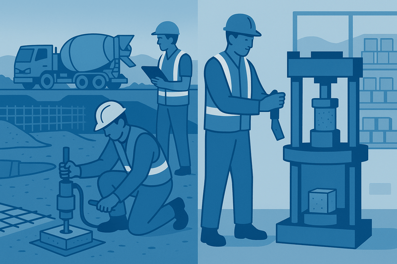 Hardened concrete core sample being tested in a laboratory