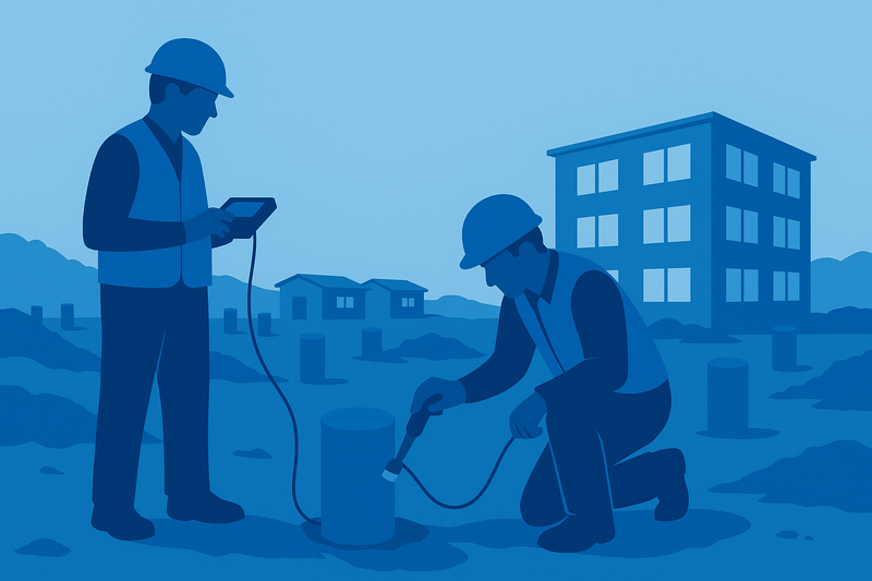 Technician performing pile integrity testing on a construction site